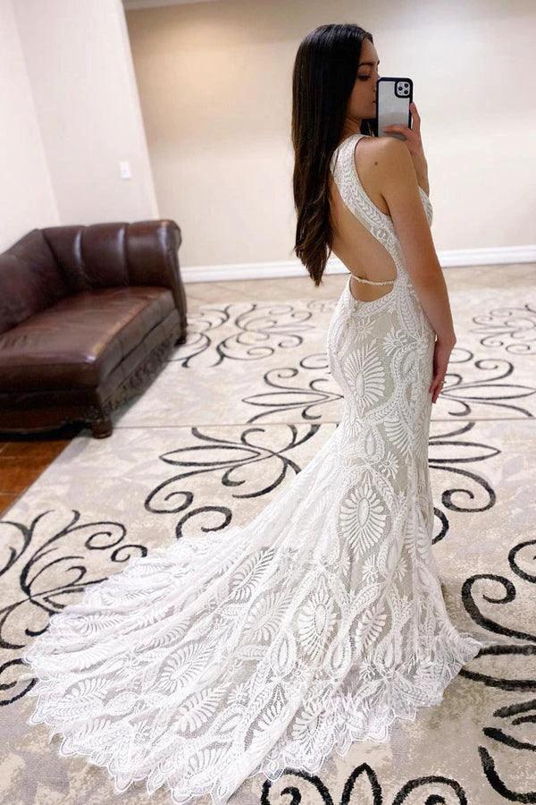 Sheath Lace Wedding Dress open Back Bridal Dress With Court Train (ZD16214) - View 2 | VelvetHem