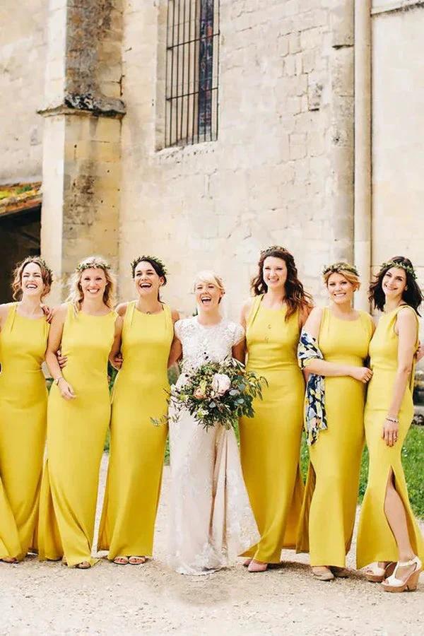 Sheath Open Back Floor-Length Yellow Bridesmaid Dress with Split (ZD12850)