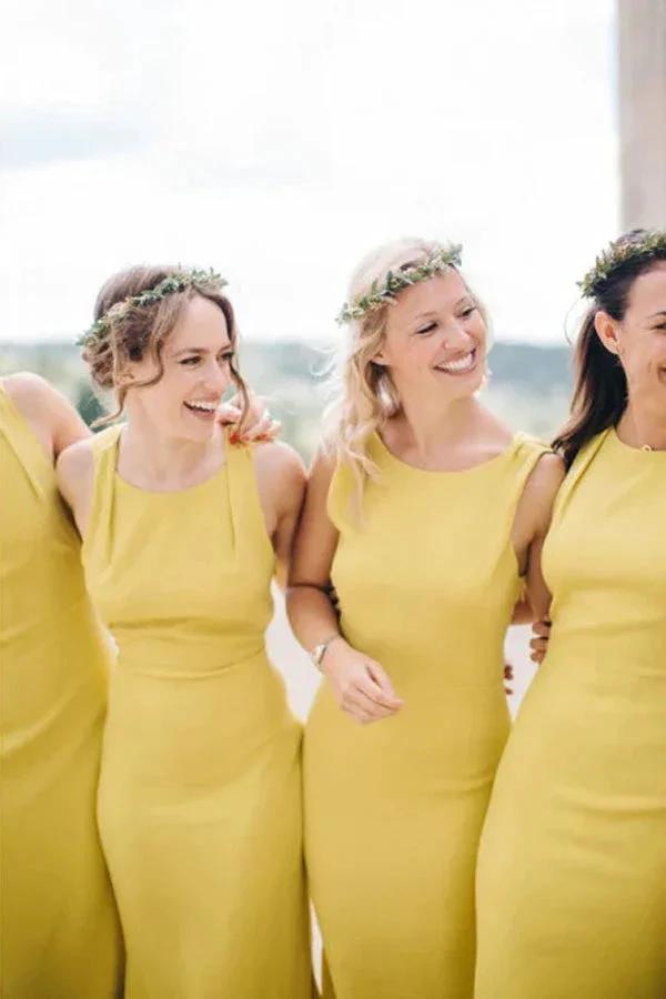 Sheath Open Back Floor-Length Yellow Bridesmaid Dress with Split (ZD12850)