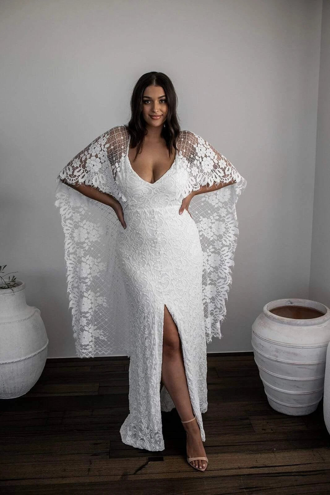 Sheath Scoop Backless Lace Wedding Dress with Split Wraps (ZD16047)