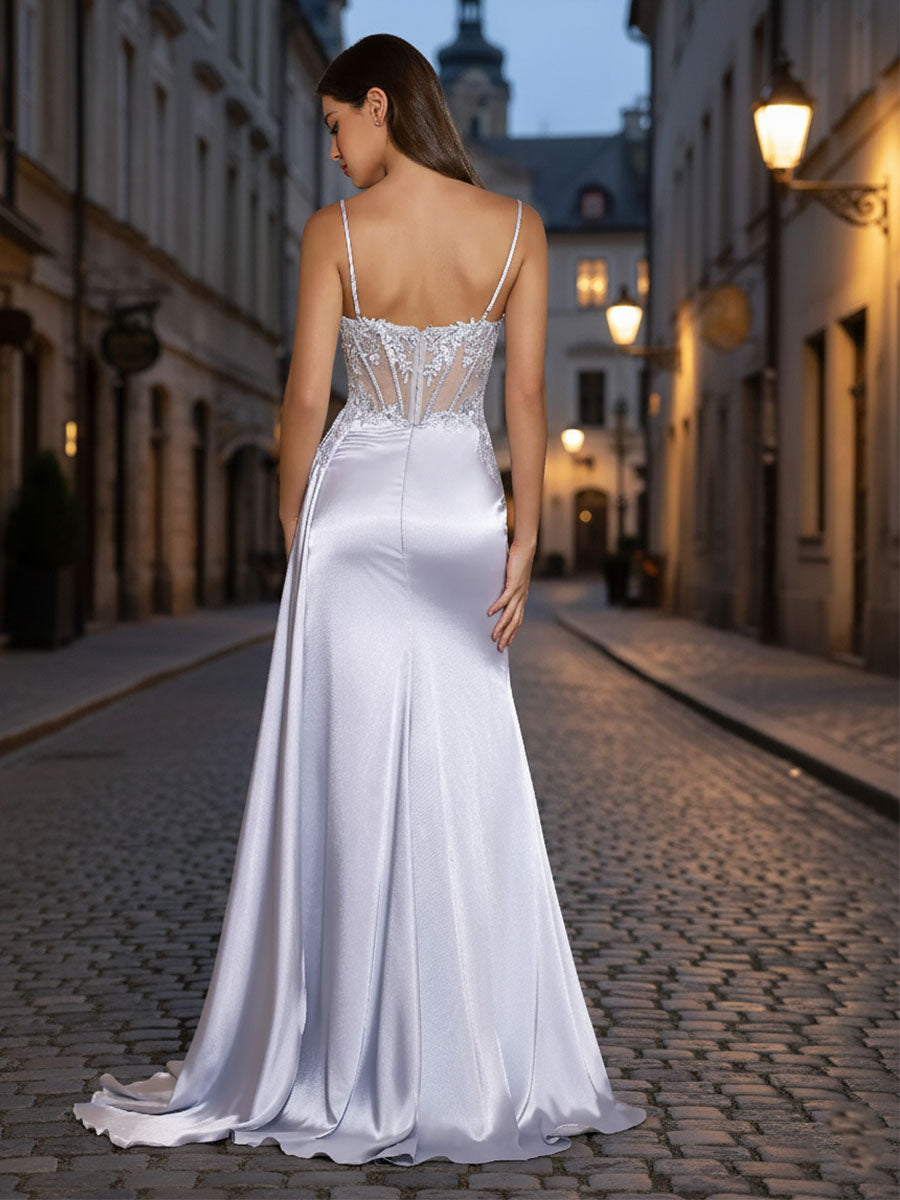 Sheath Spaghetti Straps Appliques Lace Satin Corset Prom Dress with Slit