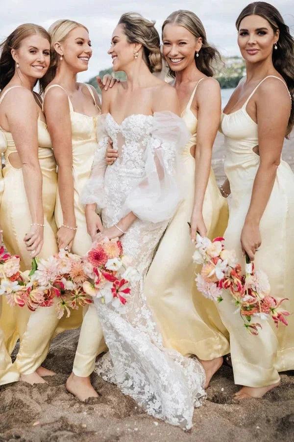 Sheath Spaghetti Straps Long Yellow Bridesmaid Dress (ZD12842)