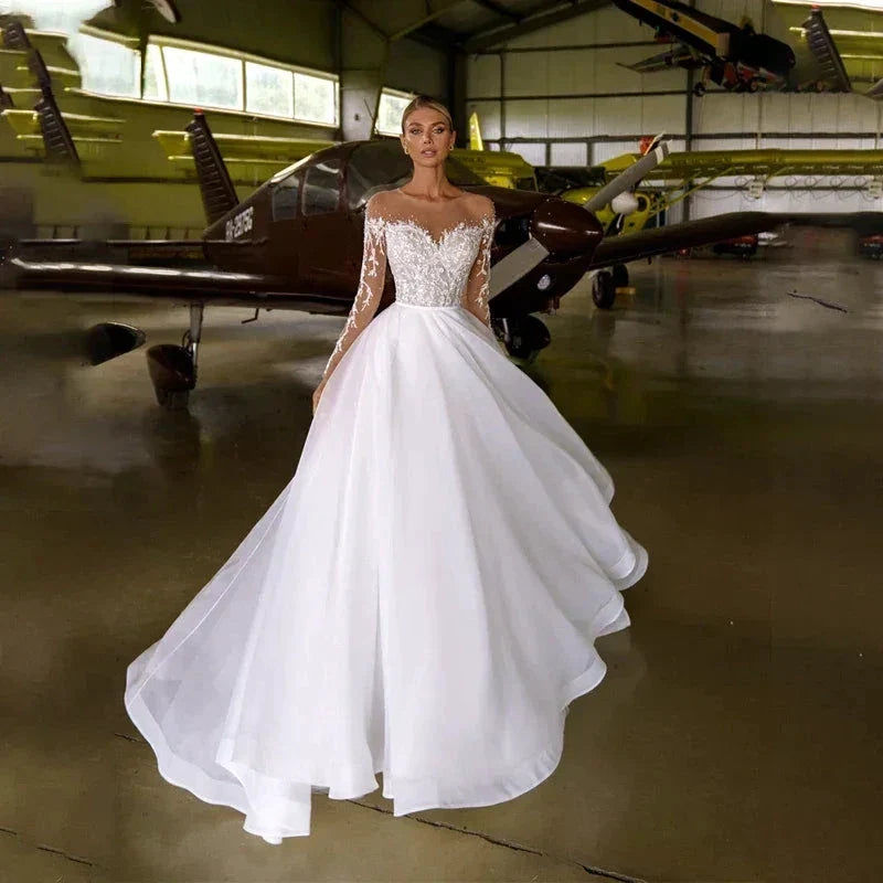 Sheer Neck with Heavy Crystals Long Sleeves White Wedding Dress Organza and Tulle A-line Bling Bridal Dress (ZD13563)