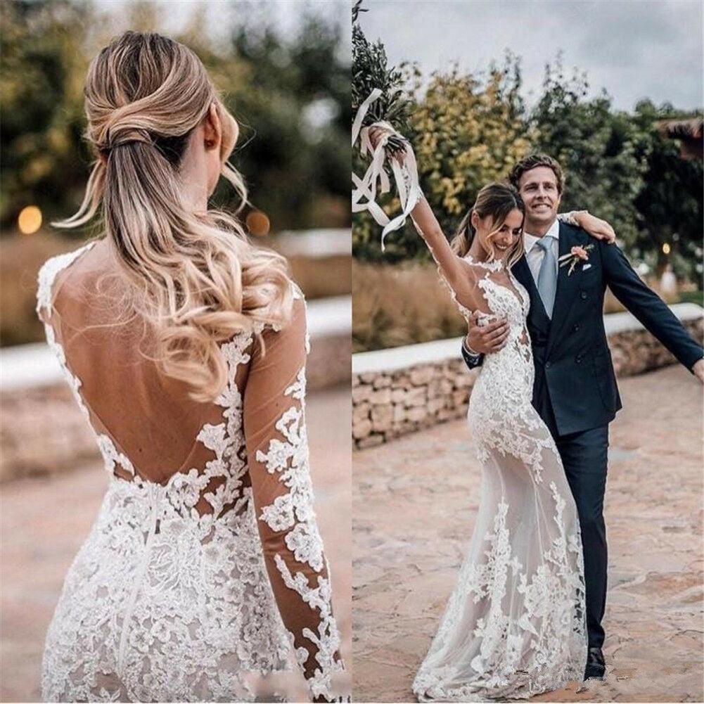 Sheer Tulle Lace Appliques Sexy Summer Beach Wedding Dress | Sheath Long Sleeve Outdoor Wedding Dress
