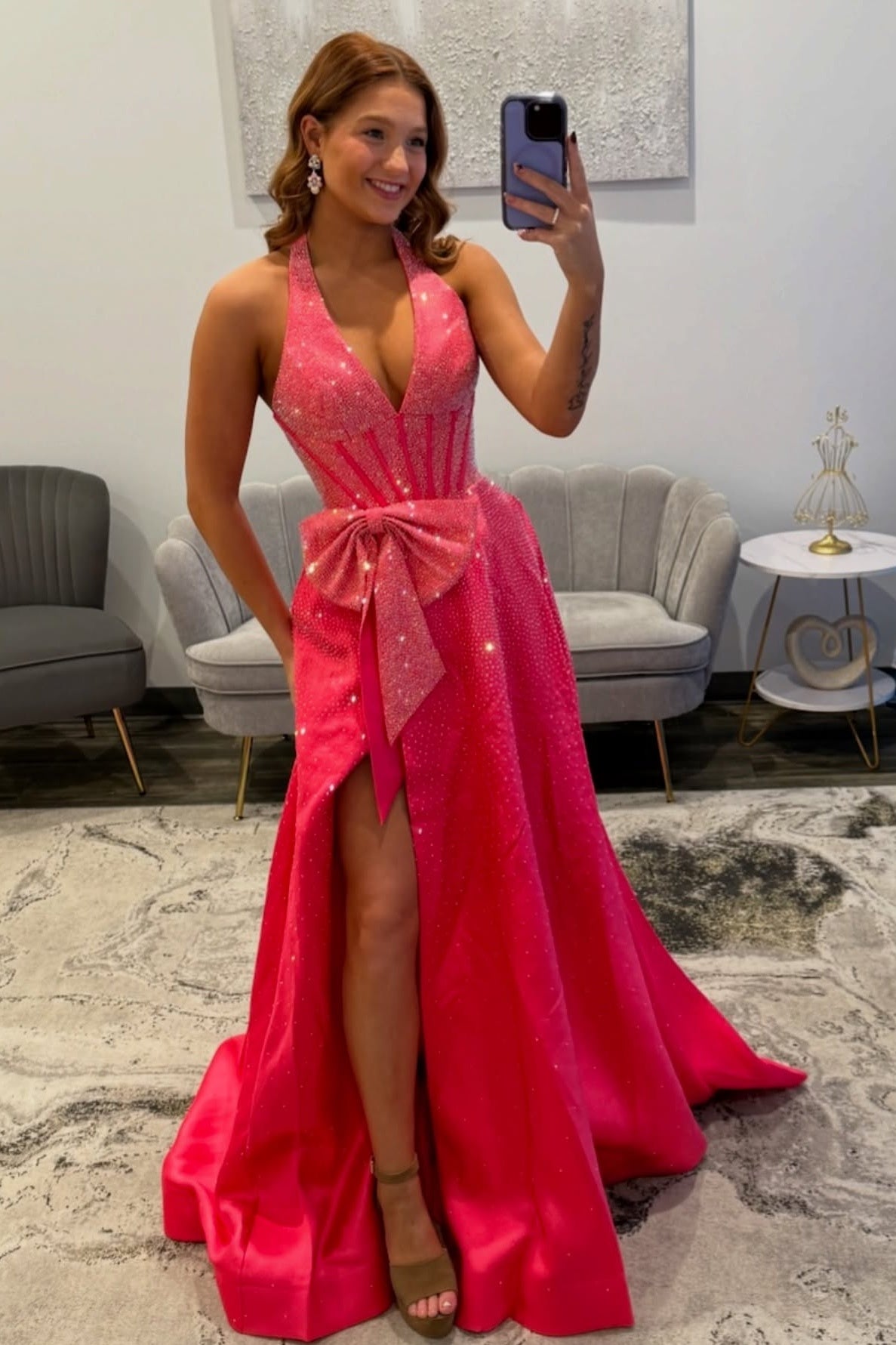 Shine A Line Halter Neck Candy Pink Long Prom Dress with Beading