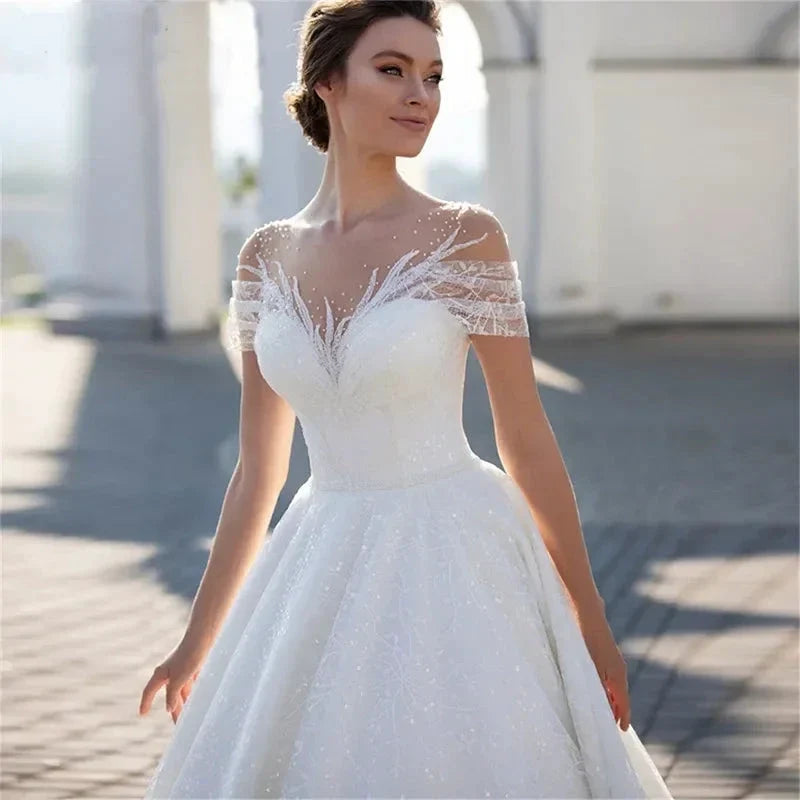 Shiny Off The Shoulder 2023 Wedding Dress For Bride Elegant Glitter Lace A-Line Bridal Gown Illusion Pleats Robe De Mariée (ZD13500)
