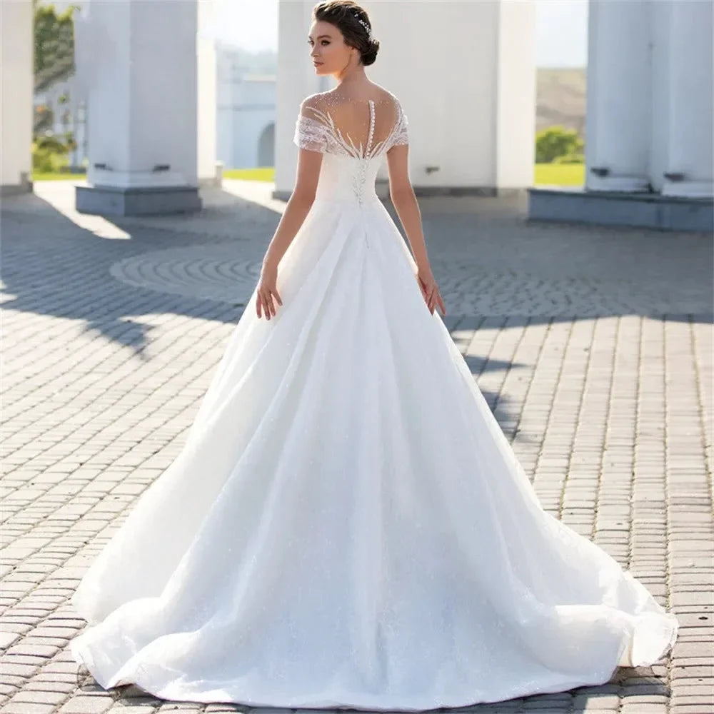 Shiny Off The Shoulder Wedding Dress For Bride Fashion Glitter Lace A-Line Bridal Gowns Floor Length Custom Made Gillter (ZD13343)