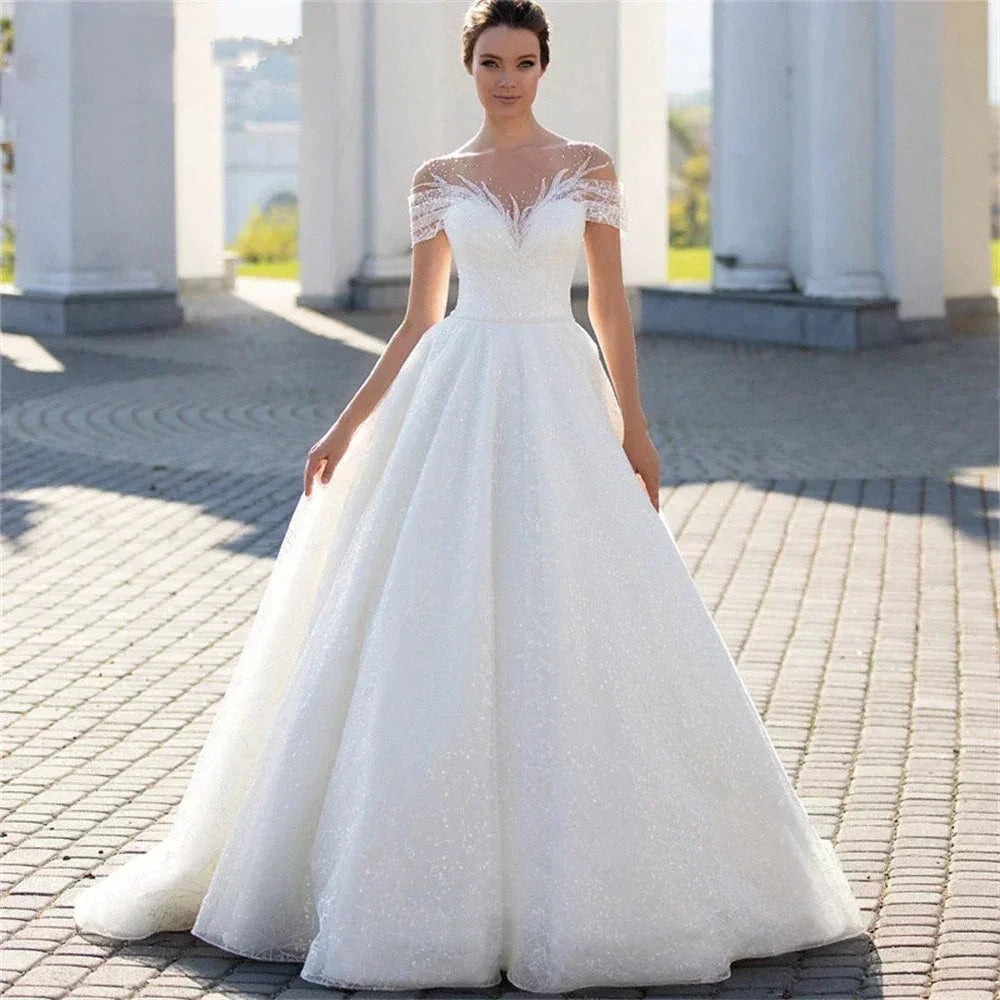 Shiny Off The Shoulder Wedding Dress For Bride Fashion Glitter Lace A-Line Bridal Gowns Floor Length Custom Made Gillter (ZD13343)