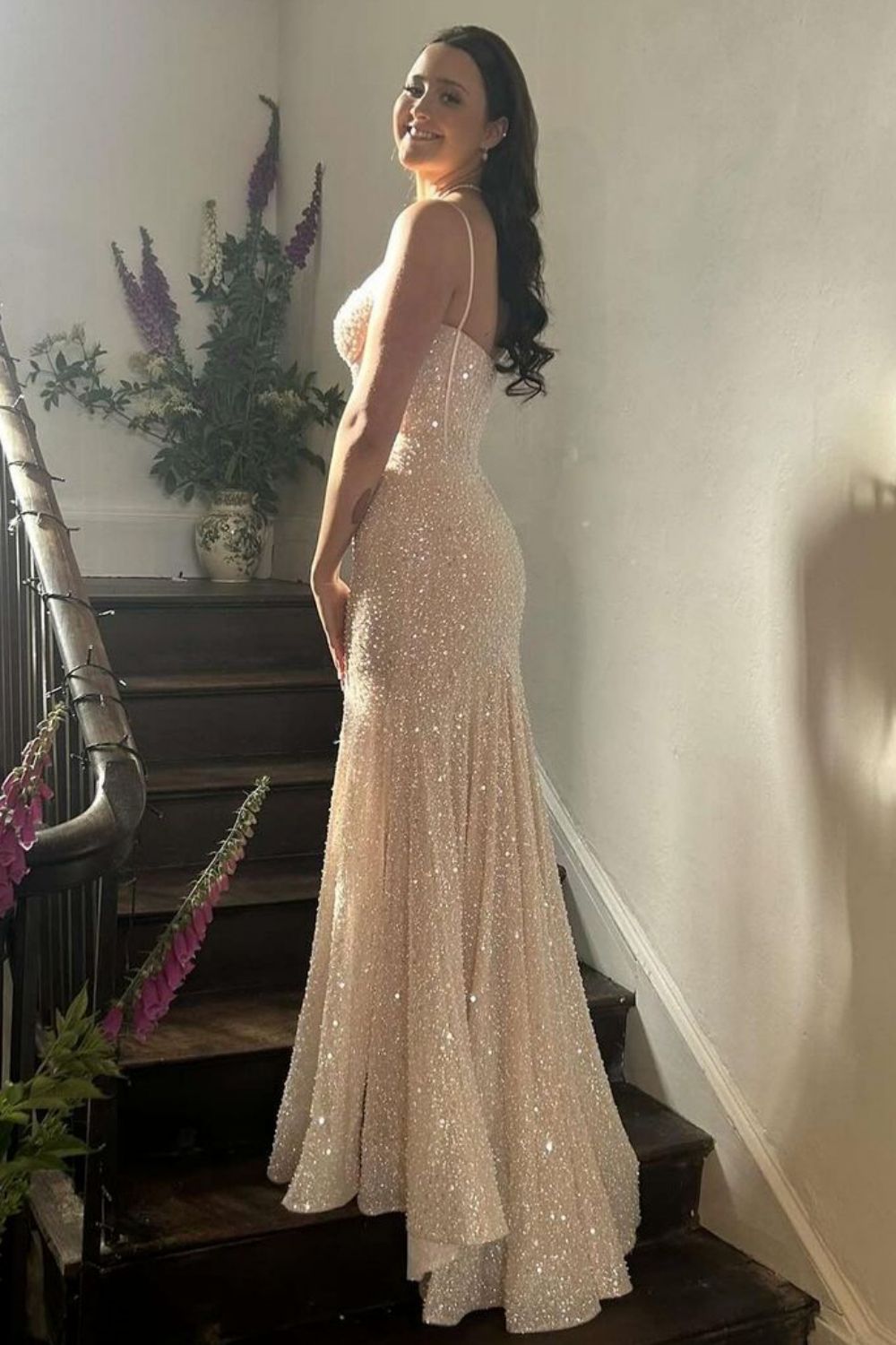 Shiny Light Blue Mermaid Spaghetti Straps Long Beaded Prom Dress