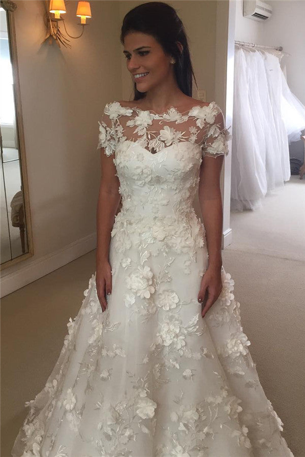 Short Sleeves A-line Flowers Wedding Dresses Appliques Princess Bride Dress