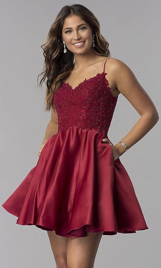 Lace Short Beaded Homecoming Dresses Satin Prom Dress with Pockets SYH82 by vivymakudress