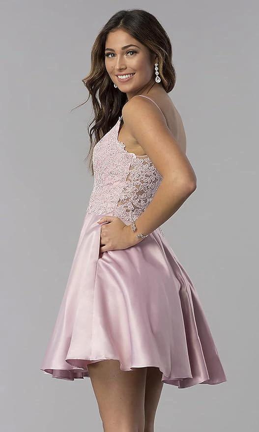 Lace Short Beaded Homecoming Dresses Satin Prom Dress with Pockets SYH82 by vivymakudress