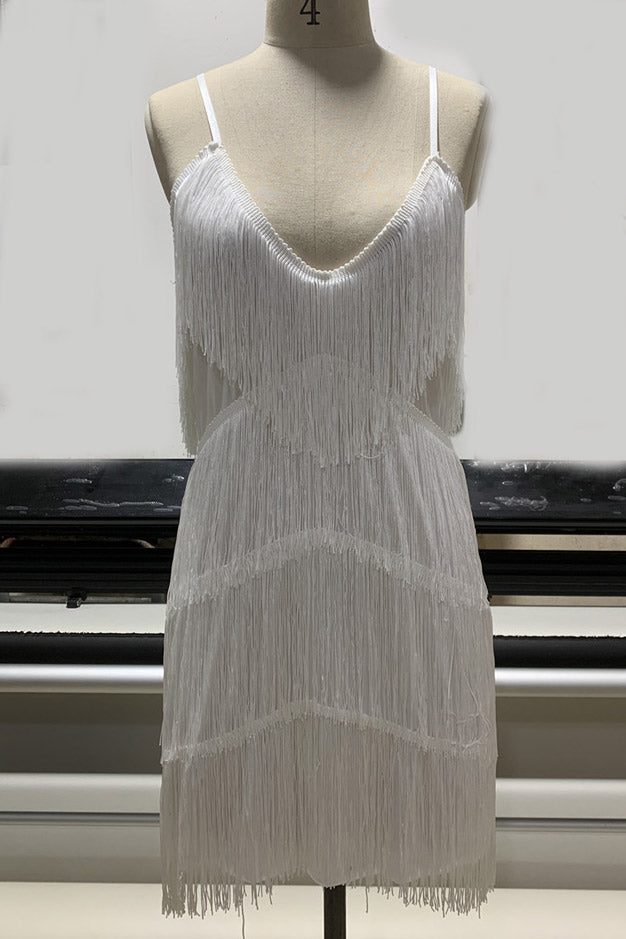 Short Mini White Tassel Spaghetti Straps Party Dress - Fashionpara