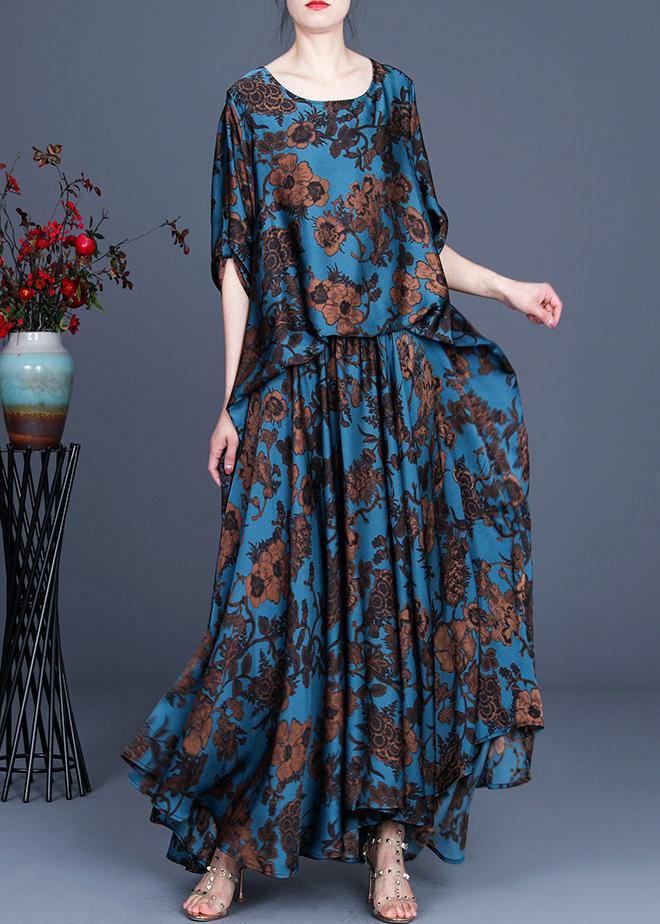 Silk Floral Irregular Dress Blue Half Sleeve