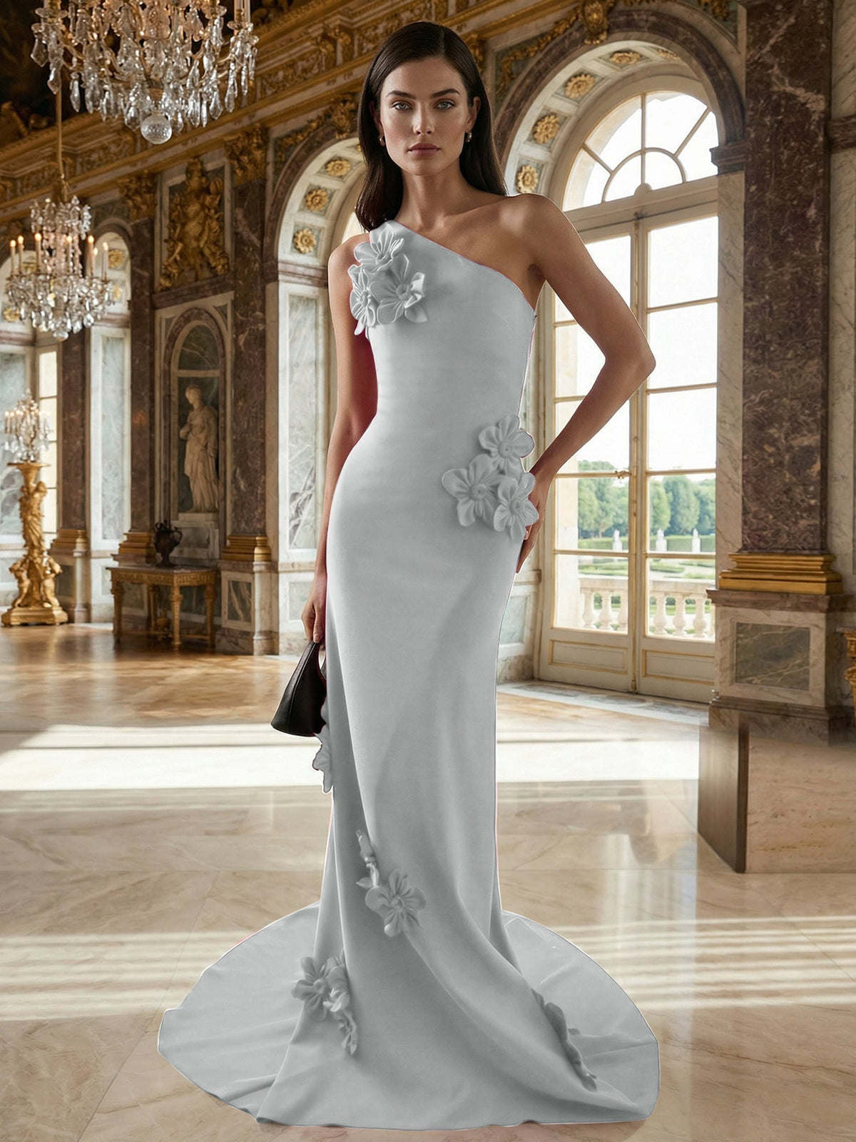 A-Line One-Shoulder Sleeveless Floor-Length Stretch Crepe Dress With 3D Flowers