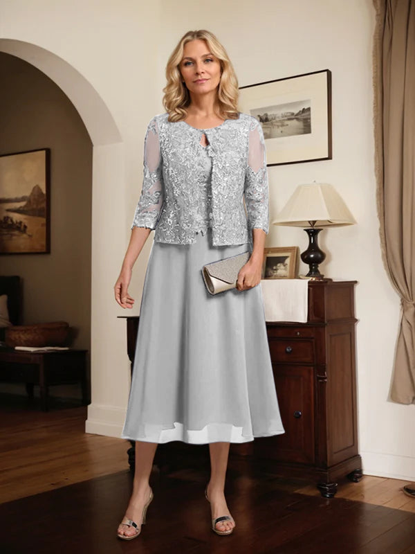A-line Scoop Tea-Length Lace Chiffon Mother of the Bride Dress With Sequins