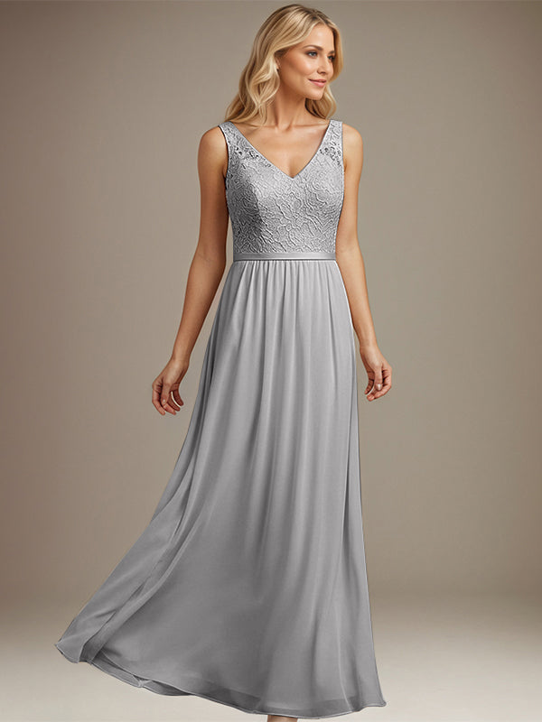 Dusty Blue A-Line V-Neck Floor-Length Lace Chiffon Mother of the Bride Dress - View 2 | FashionDia