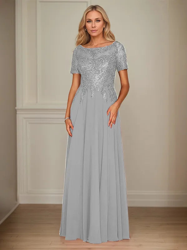 A-Line Chiffon Boat Neck Short Sleeves Floor-Length Mother of the Bride Dresses