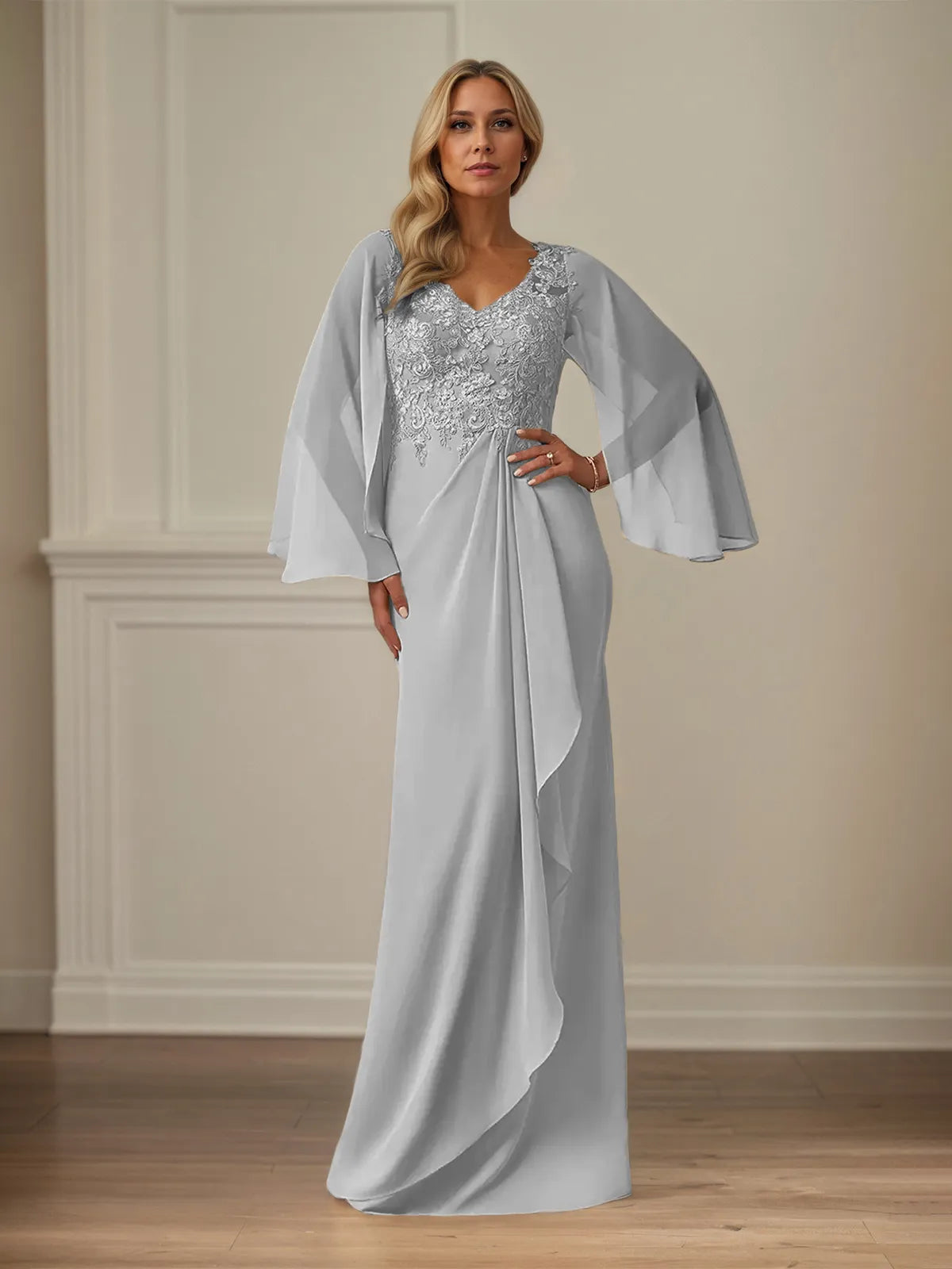 Sheath/Column Chiffon V Neck Long Sleeves Floor Length Mother of the Bride Dresses With Appliques