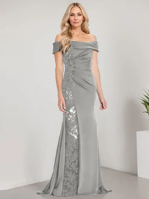 A-Line Off the Shoulder Floor-Length Mother of the Bride Dress Applique Beadings Mermaid Dress With High Split