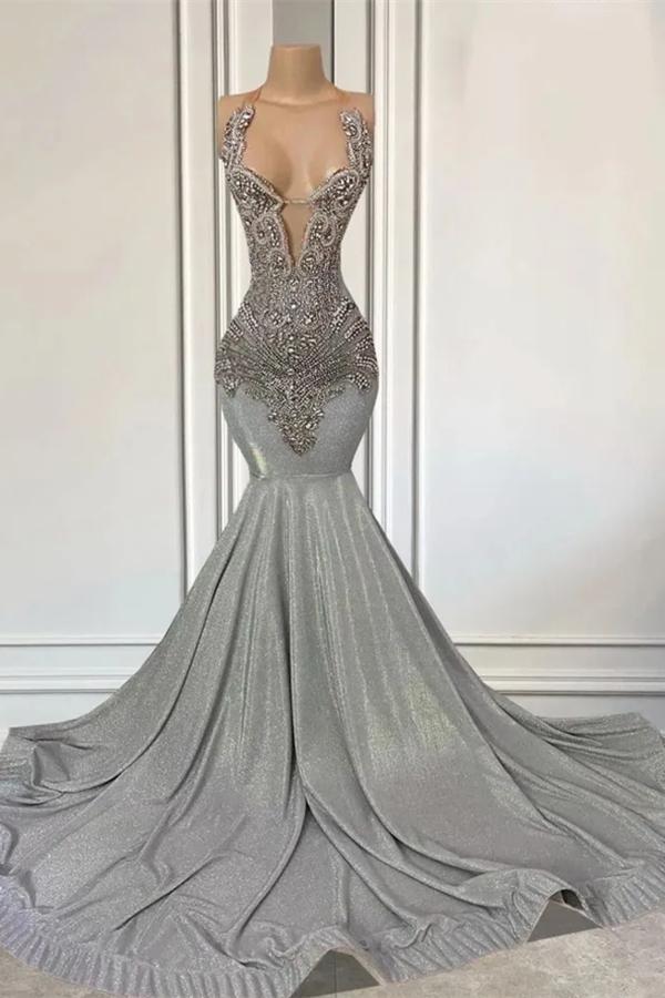 Silver Halter Prom Dress Mermaid Formal Dress with Beadings