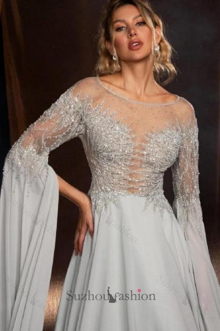 Silver Prom Dress A Line Crew Beaded Sleeves Sweep Train Chiffon Formal Dress