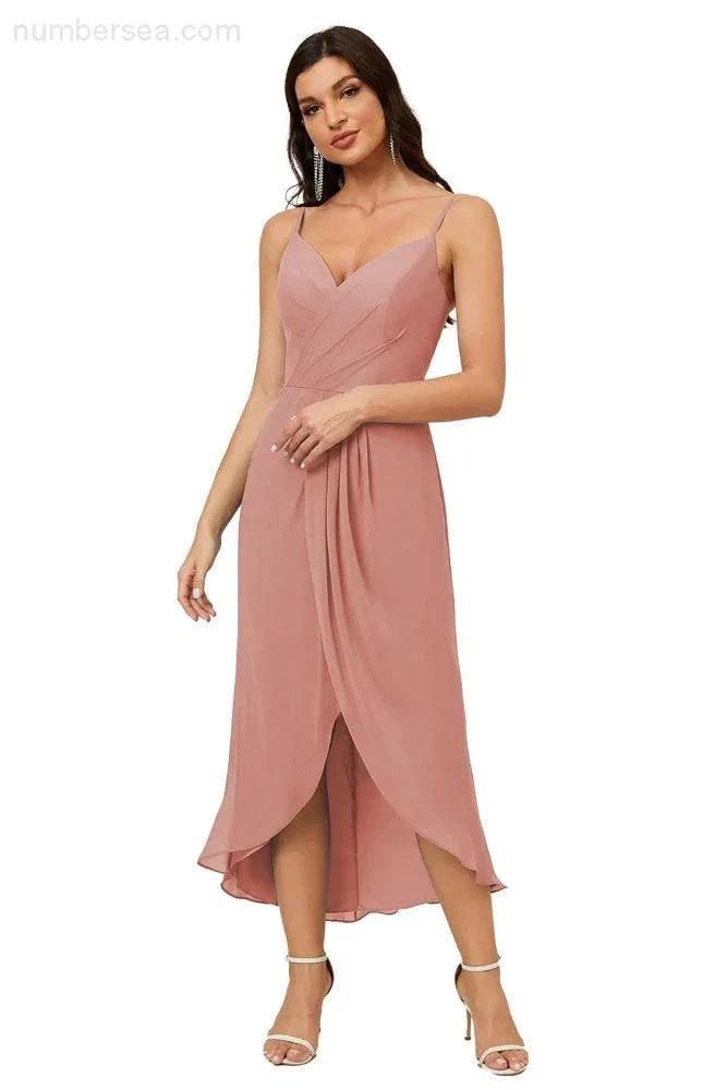 ZapDress Spaghetti Chiffon V Neck Bridesmaid Dress Mid-Length Slit Formal Prom Dress Homecoming Dress 2803 (ZD16952)