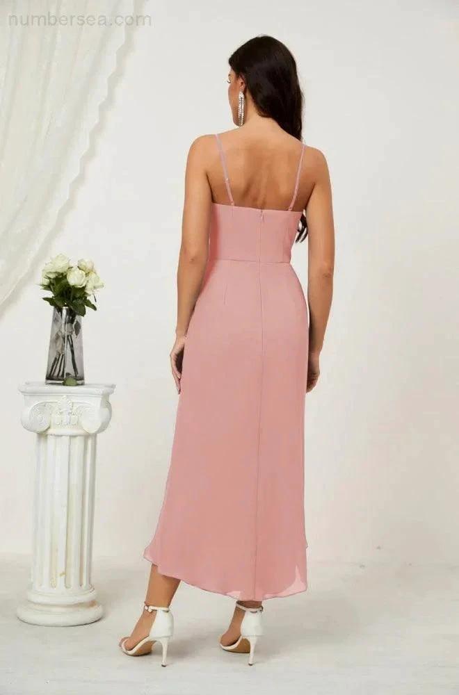 ZapDress Spaghetti Chiffon V Neck Bridesmaid Dress Mid-Length Slit Formal Prom Dress Homecoming Dress 2803 (ZD16952)