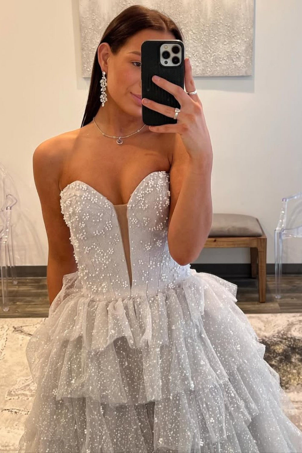 Gorgeous A Line Sweetheart Silver Long Prom Dress with Pearls Ruffles