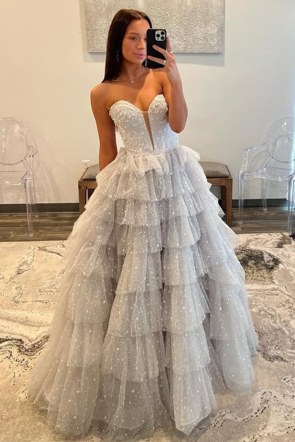 Gorgeous A Line Sweetheart Silver Long Prom Dress with Pearls Ruffles