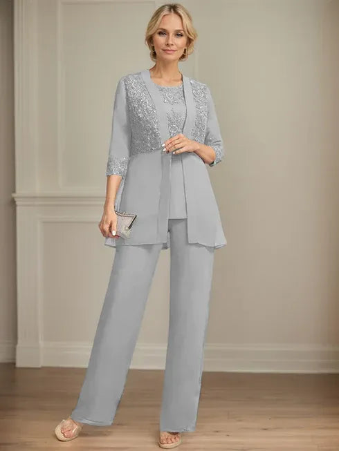Jumpsuit/Pantsuit Separates Scoop Floor-Length Chiffon Lace Mother of the Bride Dress With Sequins