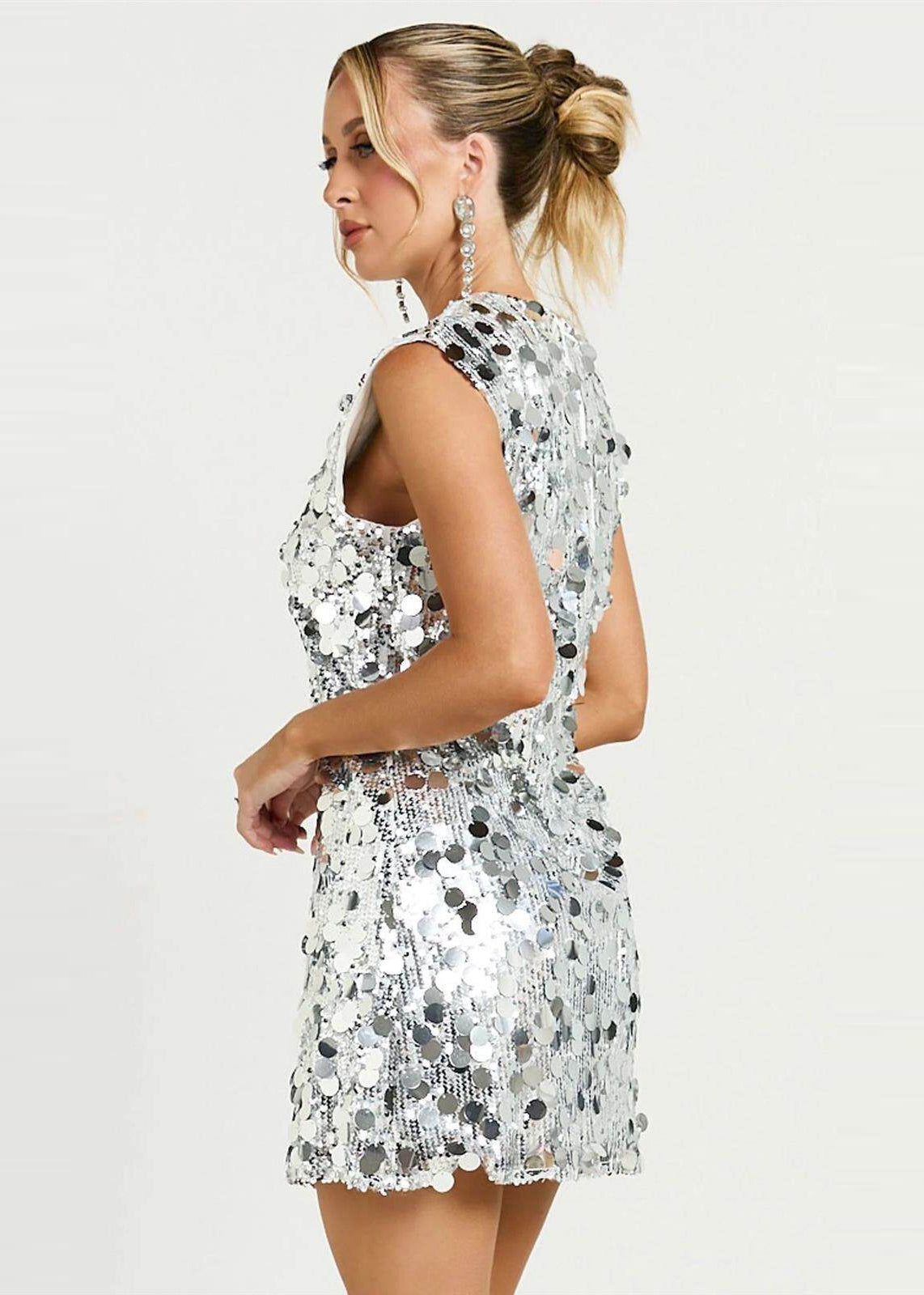 Silvery Silm Fit Tea Dress Sequins Wraped Sleeveless