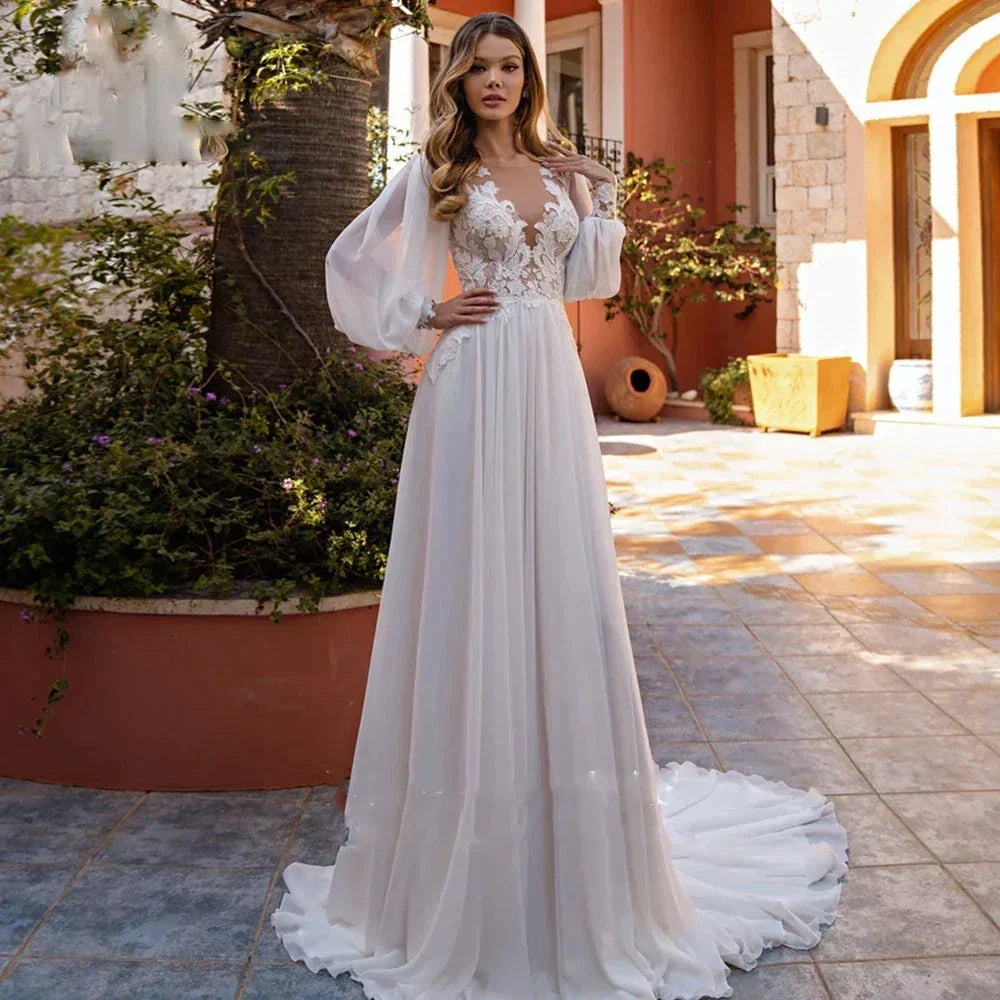 Simple A-Line V-neck Chiffon Wedding Dress Women's Elegant Decal Back Button Design Bridal Gowns Beach Party Welcome Vestido Nov (ZD14188)