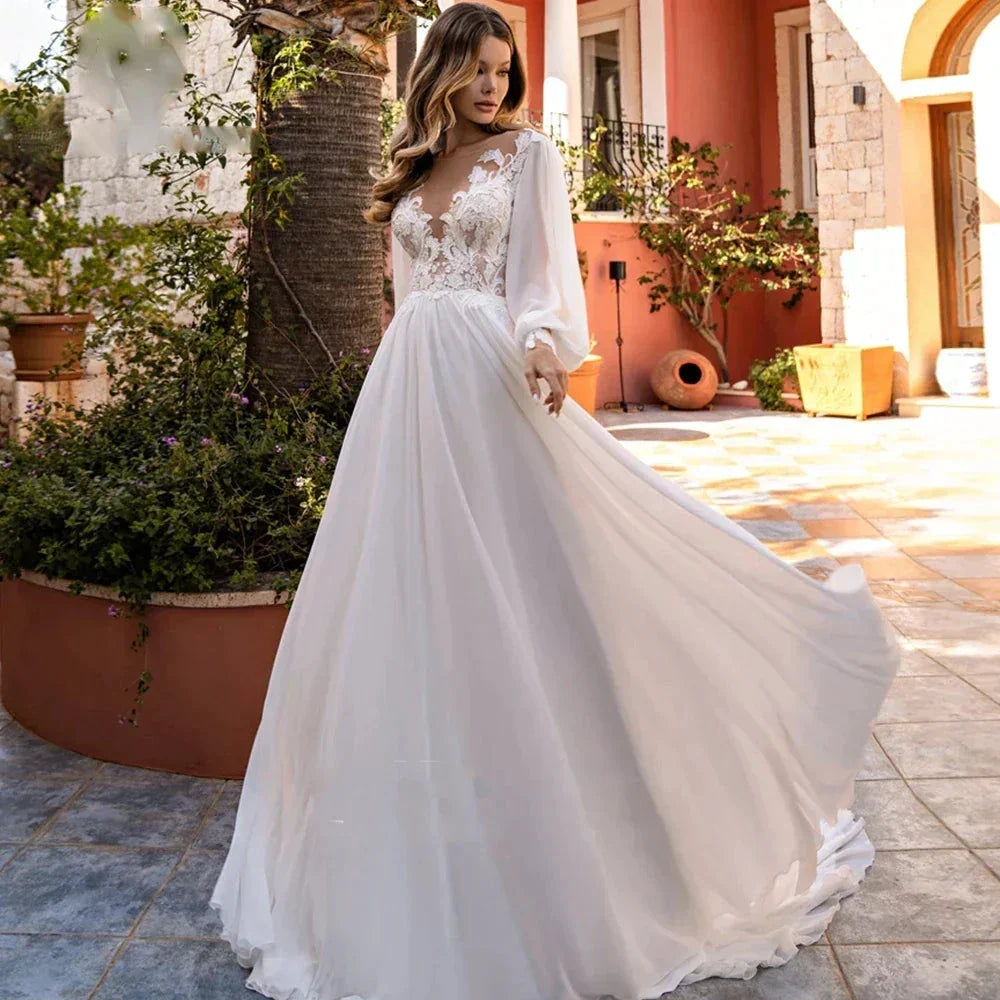 Simple A-Line V-neck Chiffon Wedding Dress Women's Elegant Decal Back Button Design Bridal Gowns Beach Party Welcome Vestido Nov by payinti