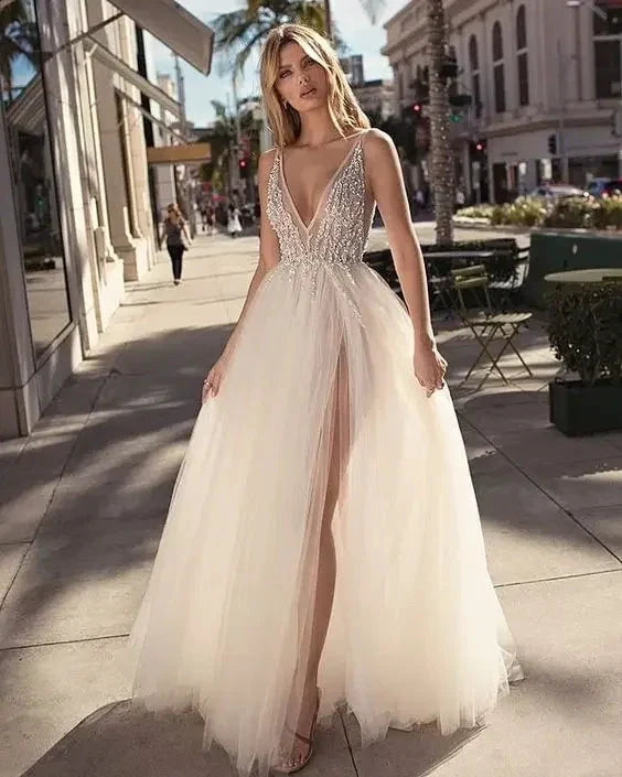 Simple A-line Wedding Dresses 2023 Chiffon Appliques Bride Party Gowns Lace Custom Bridal Robe De Mariee vestido de noiva (ZD13307)