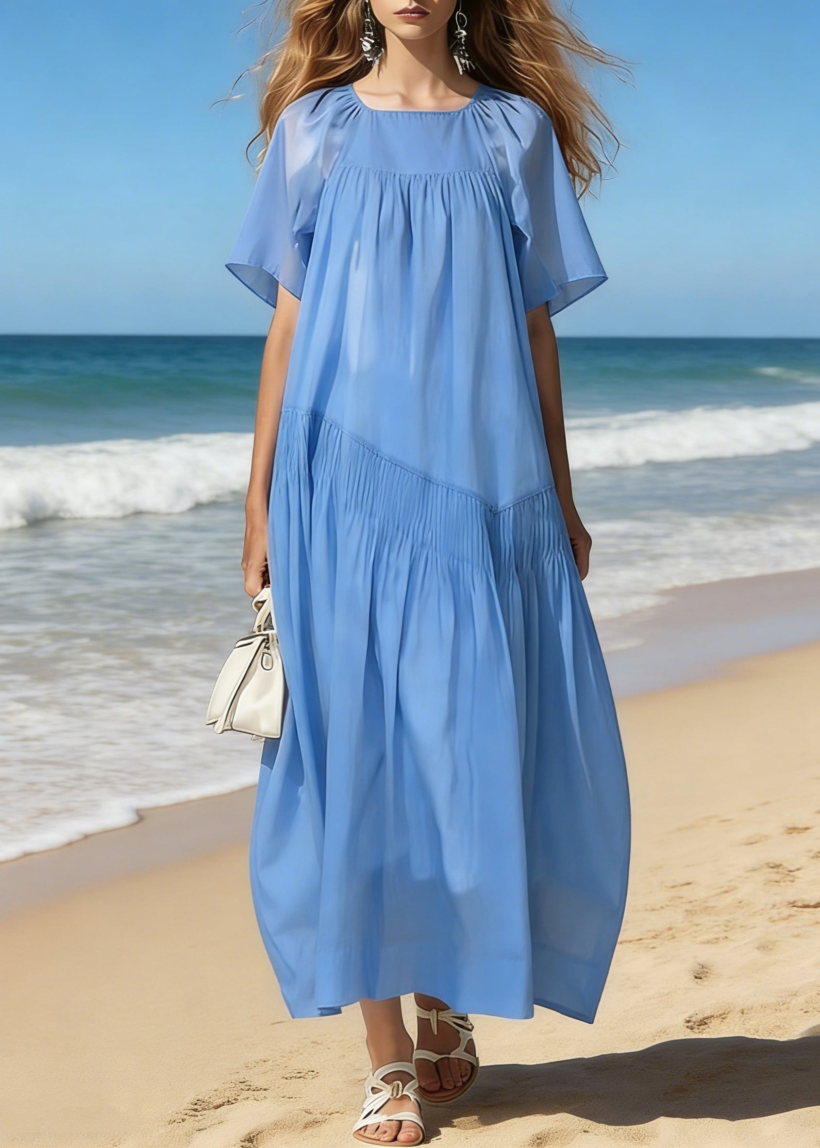 Simple Blue Square Collar Wrinkled Cotton Long Dresses Summer