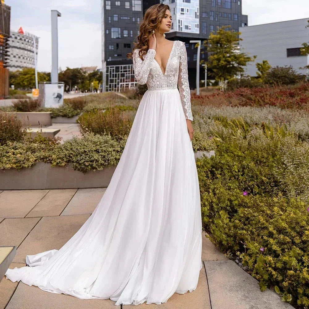 Simple Chiffon Boho Wedding Dresses Deep Sexy V Neck Long Sleeves Flowy Bohemian Bridal Wedding Gowns Backless A Line Robe Maria by payinti