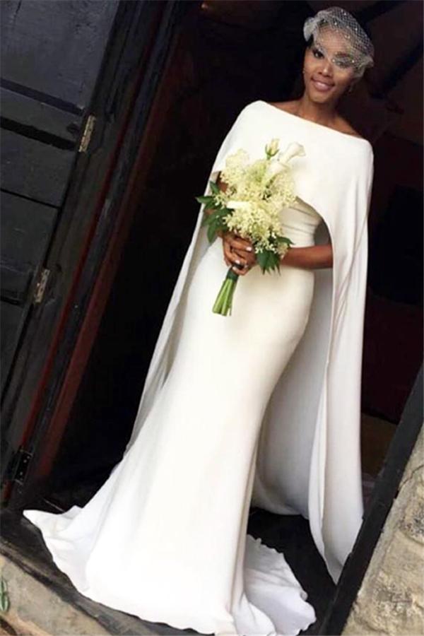 Simple Mermaid Wedding Dresses with Cape | Elegant Bateau Bridal Gowns