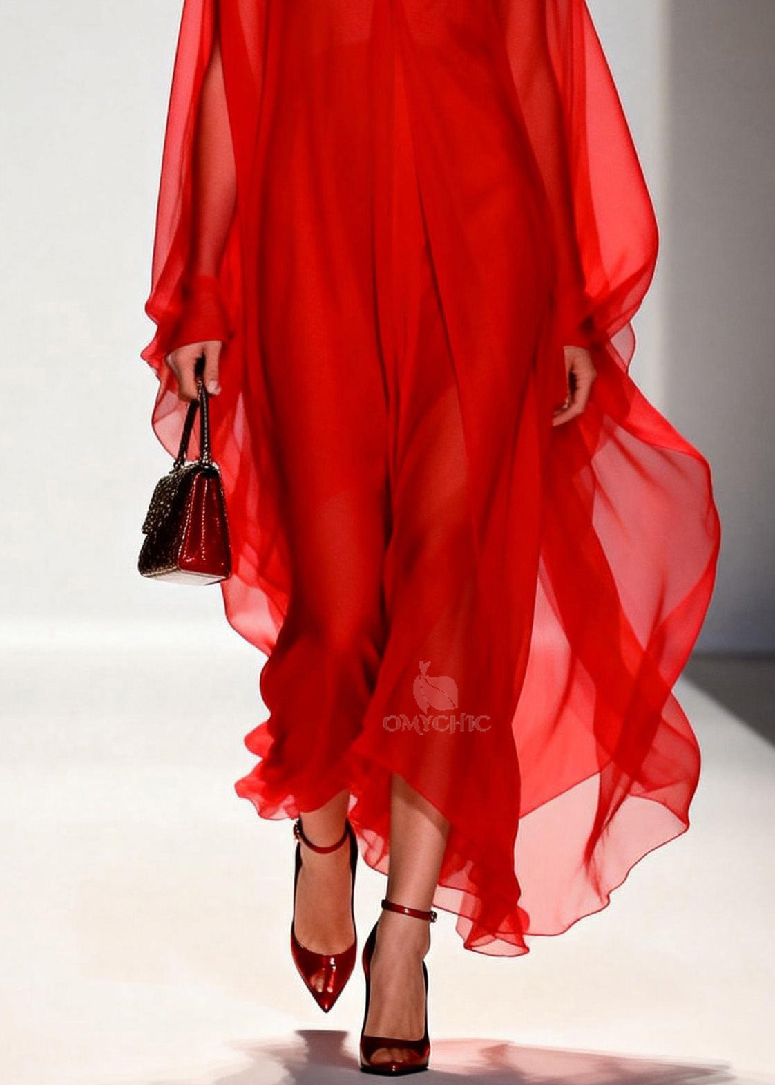 Simple Red V Neck Chiffon Long Dresses Spring