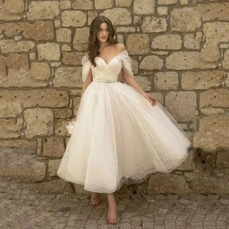 Simple Short Beach Wedding Dress 2022 V Neck Off Shouler Custom Made Bridal Gowns A Line Tea Length Backless Vestidos De Novia (ZD14122)