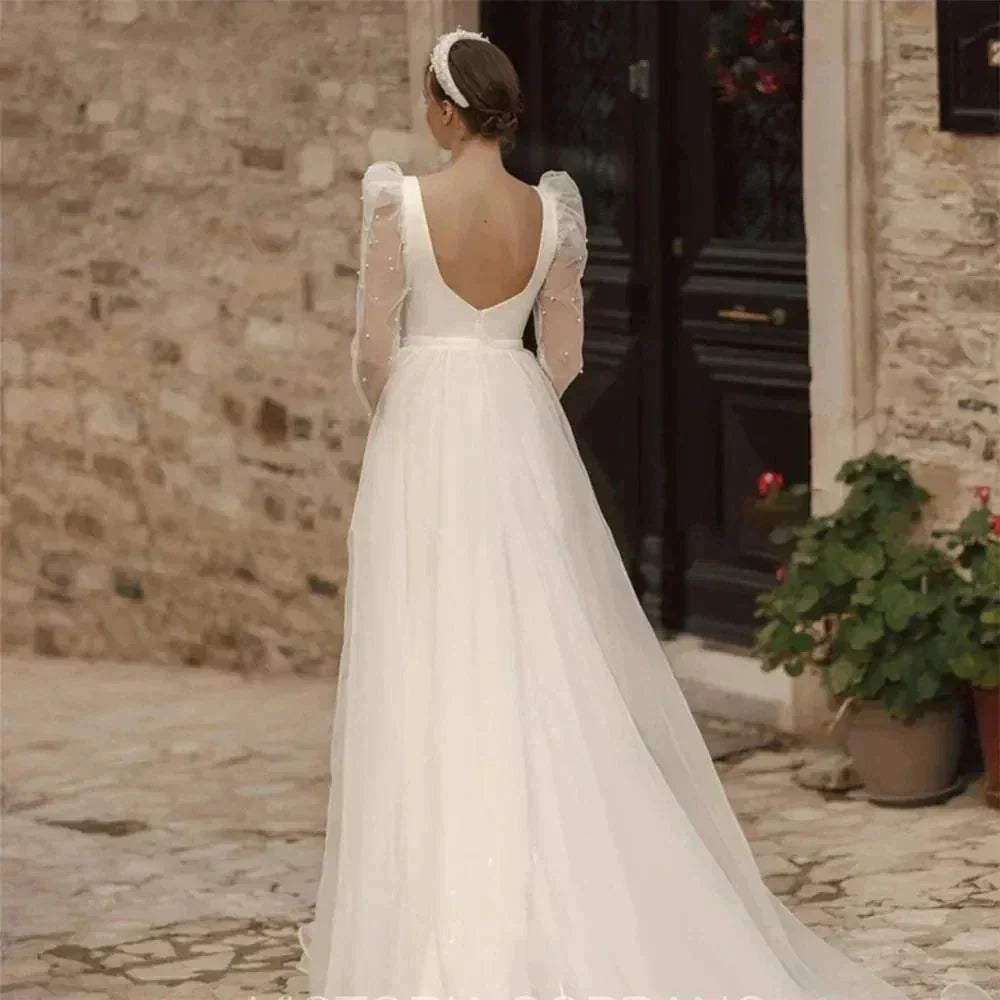 Simple Wedding Dresses A Line Long Illusion Sleeve Fuffy Tulle Ball Gowns Woman's Formal Bride Beach Party Vestidos Para Mujer (ZD14265) - View 2 | VelvetHem