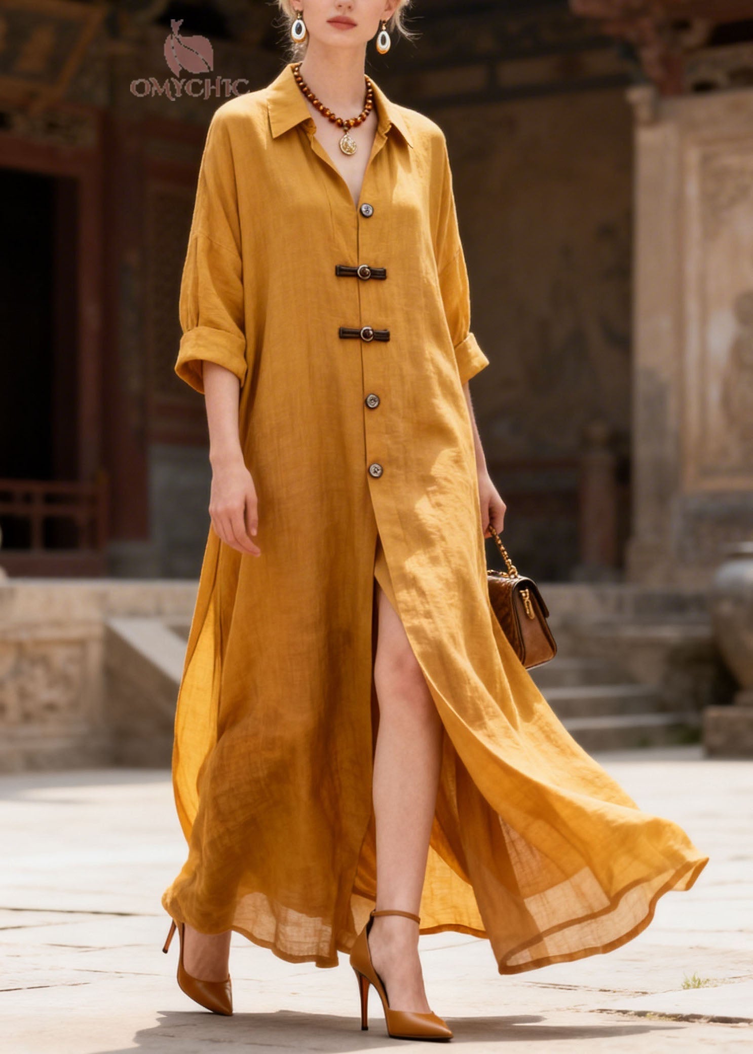Simple Yellow Peter Pan Collar Button Patchwork Cotton Dress Summer