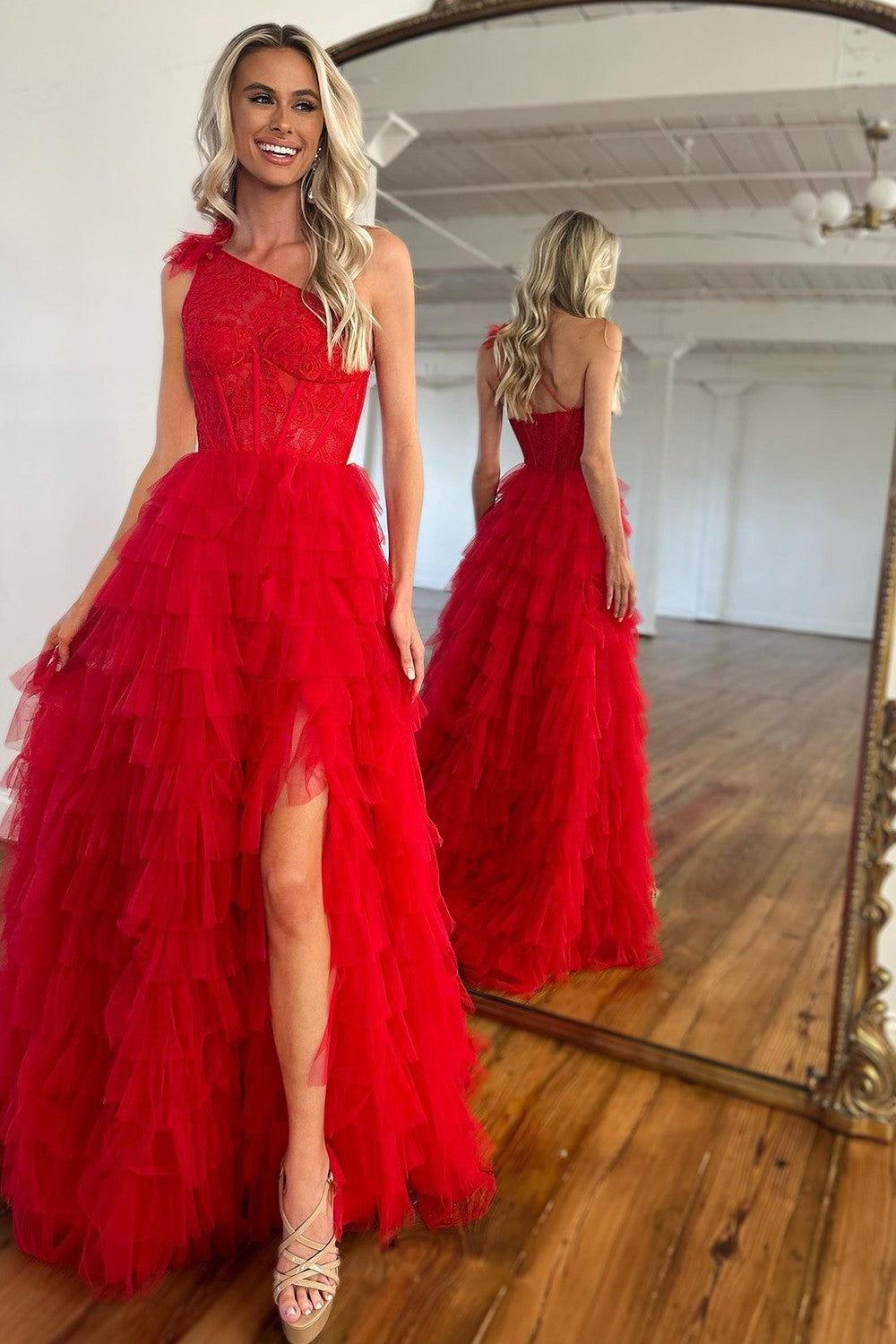 Simple A-Line One-Shoulder Long Red Ruffle Prom Dress With Split - FashionDia