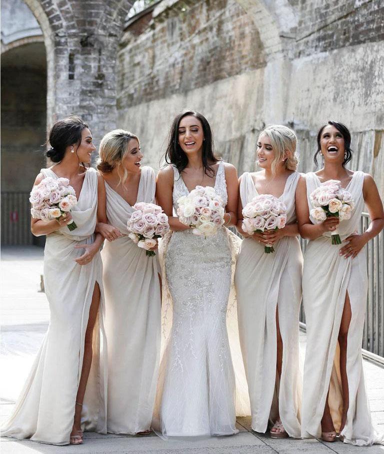 Simple Chiffon V-neck Sweep Train Pleated Bridesmaid Dresses With Slit (ZD13259)