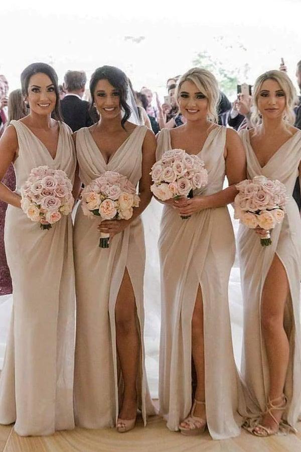 Simple Chiffon V-neck Sweep Train Pleated Bridesmaid Dresses With Slit BD086 by pgmdress