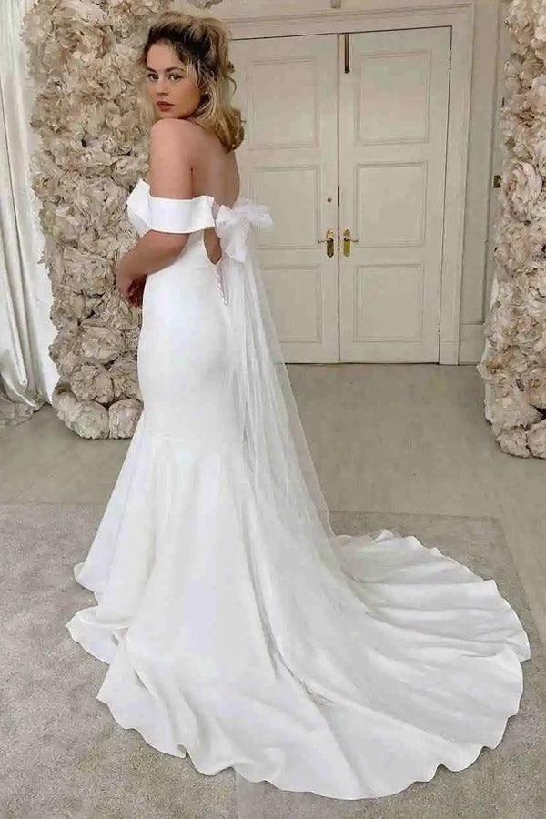 Simple Mermaid Off The Shoulder Ivory Satin Wedding Dress (ZD16198)