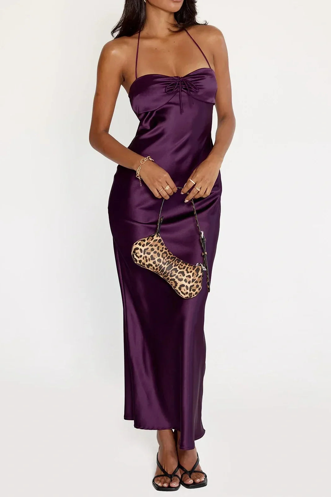 Simple Sheath Halter Neck Purple Tea Length Party Dress