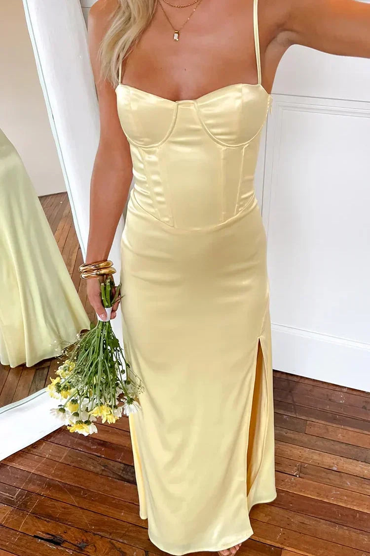 Simple Sheath Spaghetti Straps Yellow Long Prom Dress with Split Front