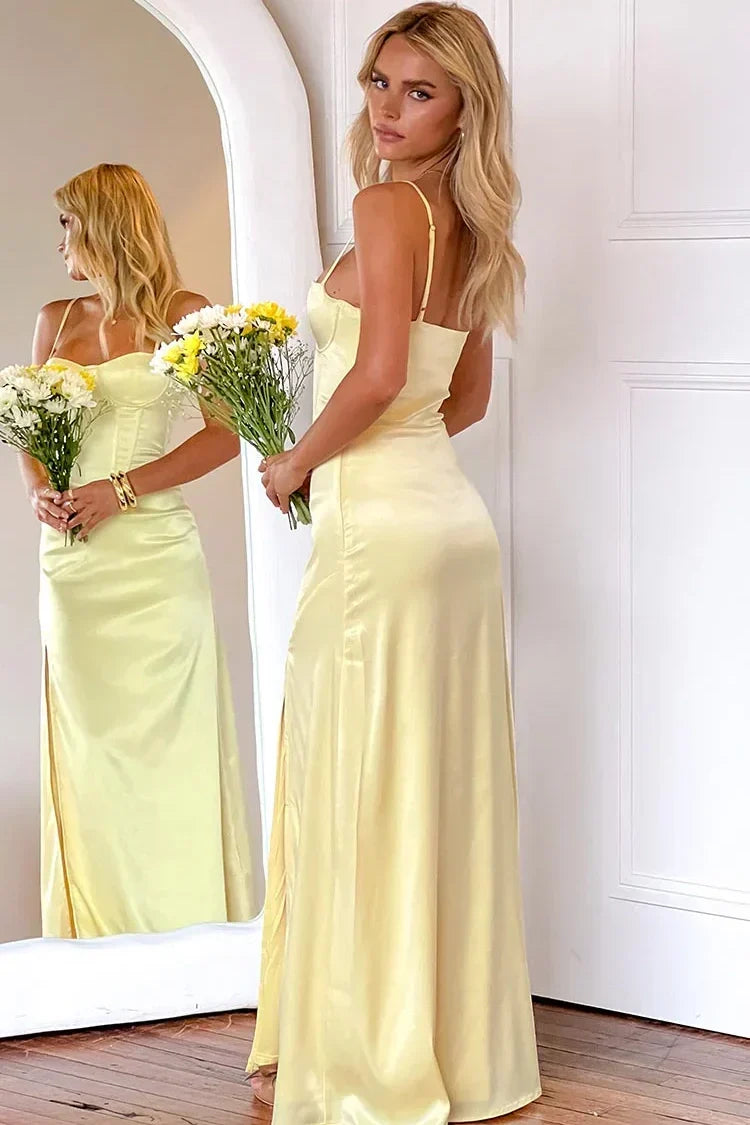 Simple Sheath Spaghetti Straps Yellow Long Prom Dress with Split Front