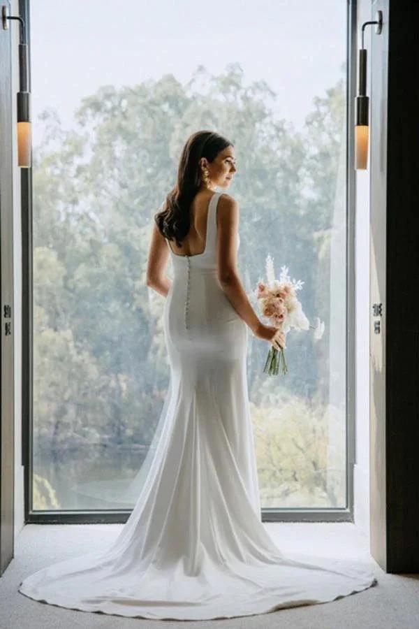 Simple Sheath Square Neck Long Backless Wedding Dress (ZD16205)